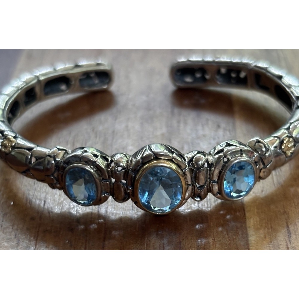 Sterling Silver And 14k Gold Blue Topaz Hinged Bangle Bracelet 6.75" 21.1 Grams